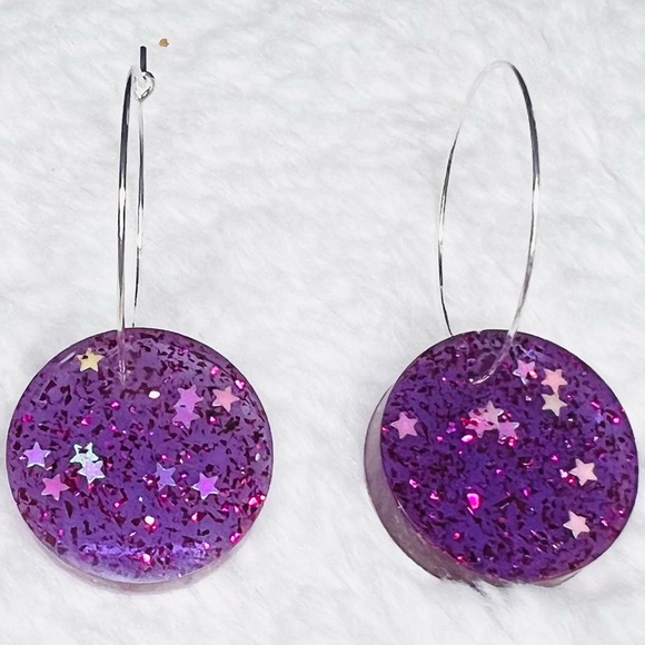 Purple Galaxy Glitter Resin Pendant Hoop Earrings - Picture 2 of 10